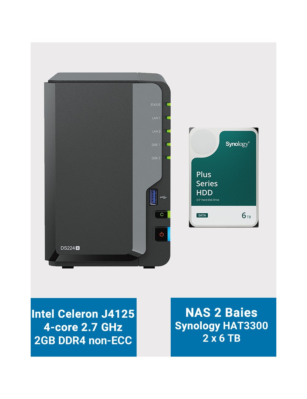 Synology DiskStation DS224+ 2Go Serveur NAS HAT3300 12To (2x6To)