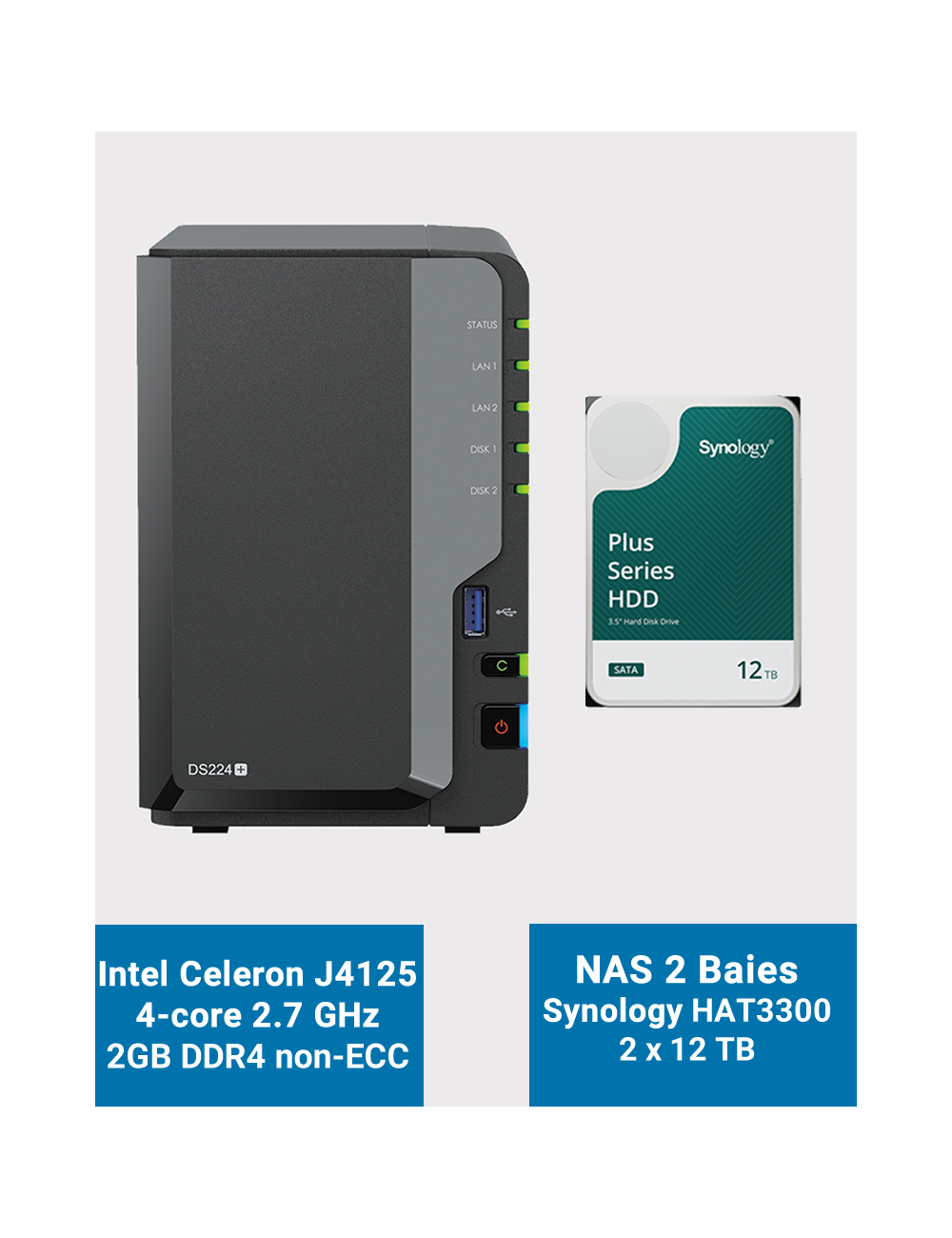 Synology DiskStation DS224+ 2Go Serveur NAS HAT3300 24To (2x12To)
