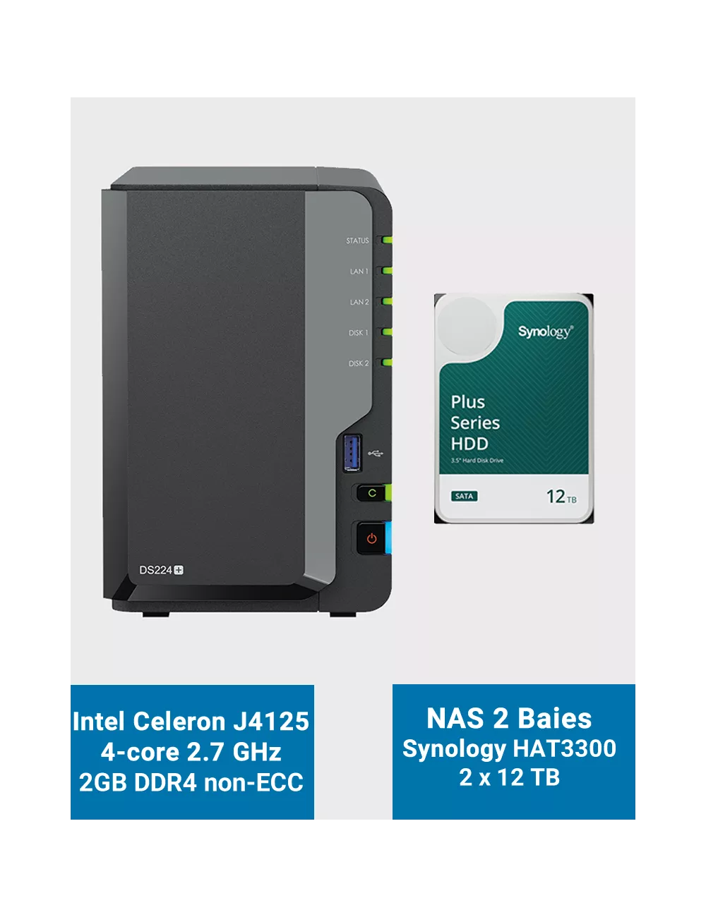 Synology DiskStation DS224+ 2Go Serveur NAS HAT3300 24To (2x12To)