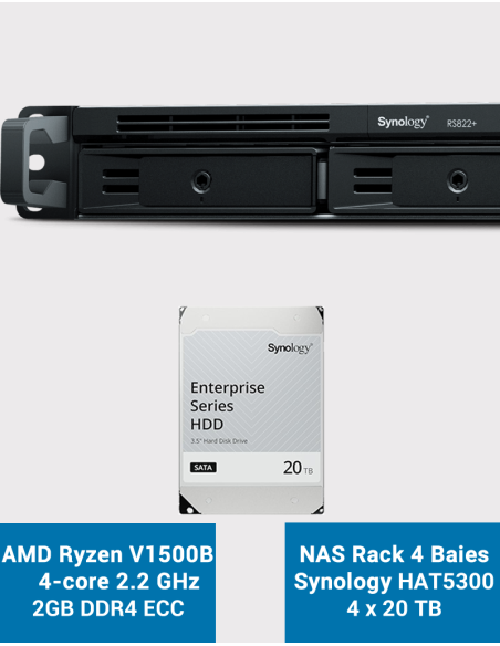 Synology RS822+ 2GB Servidor NAS Rack 1U HAT5300 80TB (4x20TB)