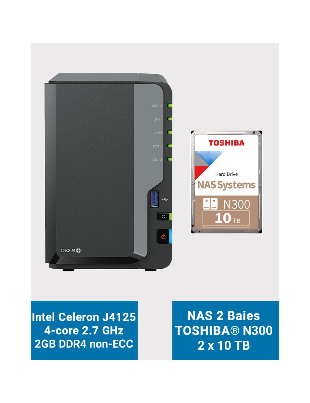 Synology DiskStation DS224+ 2Go Serveur NAS Toshiba N300 20To (2x10To)
