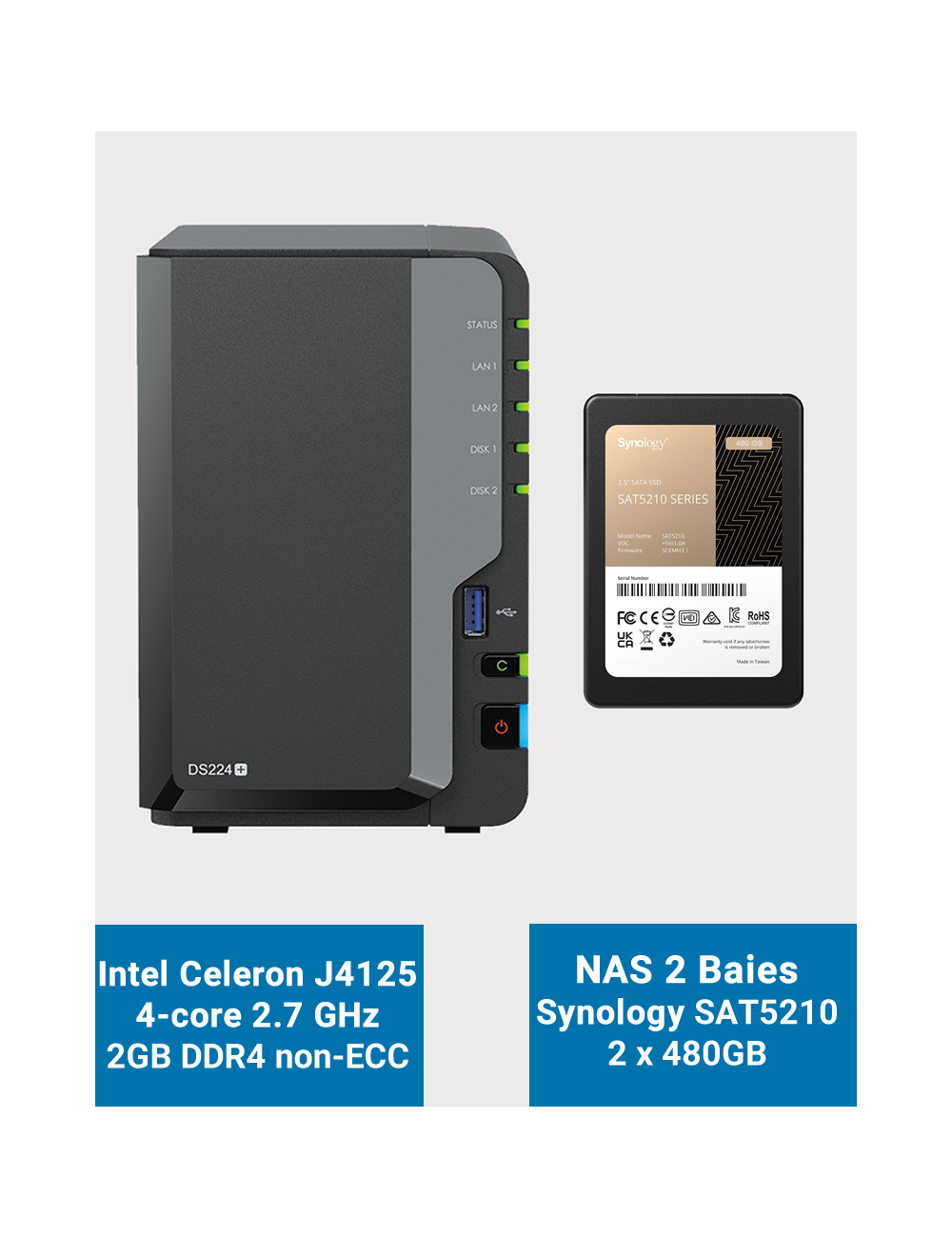 Synology DiskStation DS224+ 2Go Serveur NAS SAT5210 960Go (2x480Go)