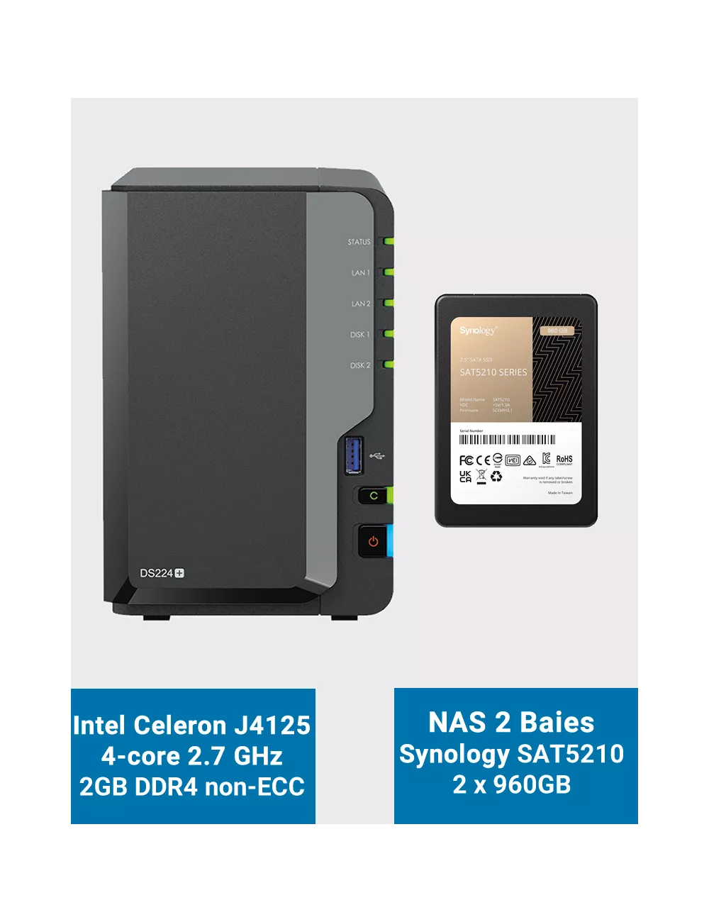 Synology DiskStation DS224+ 2Go Serveur NAS SAT5210 1920Go (2x960Go)