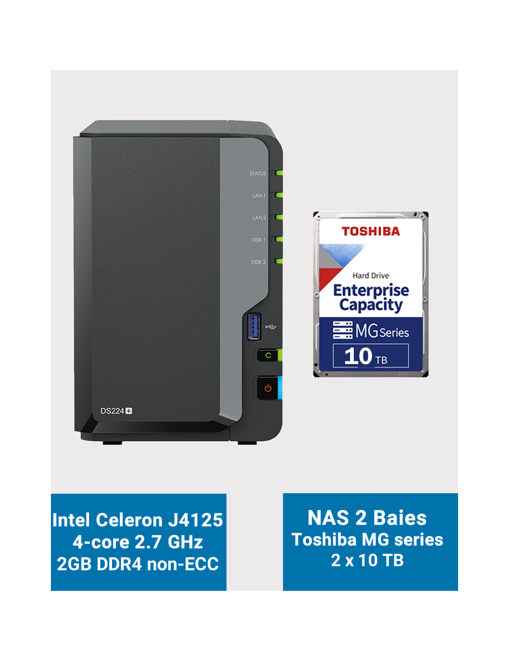 Synology DiskStation DS224+ 2Go Serveur NAS Toshiba MG series 20To (2x10To)