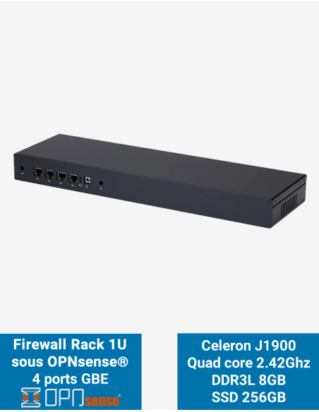 Firewall OPNsense R1x J1900 Rack 1U 4 ports GbE 8Go SSD 256Go