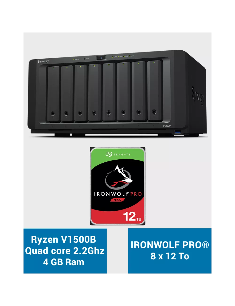 Synology DS1821+ Serveur NAS 8 baies IRONWOLF PRO 96To (8x12To)