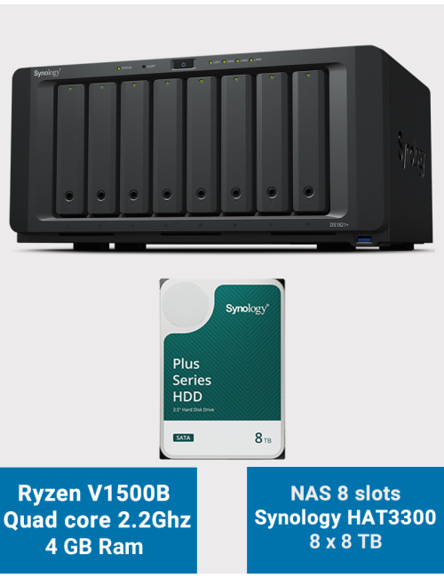 Synology DS1821+ Serveur NAS 8 baies HAT3300 64To (8x8To)
