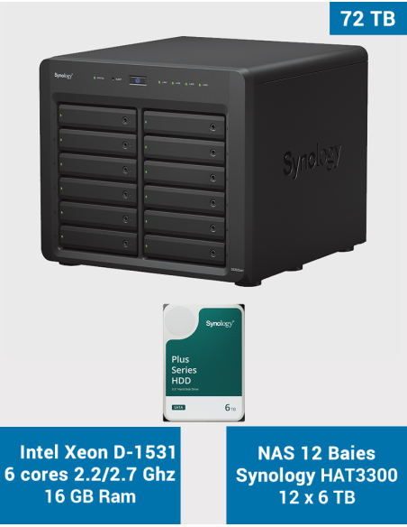 Synology DS3622xs+ Serveur NAS HAT3300 72To (12x6To)