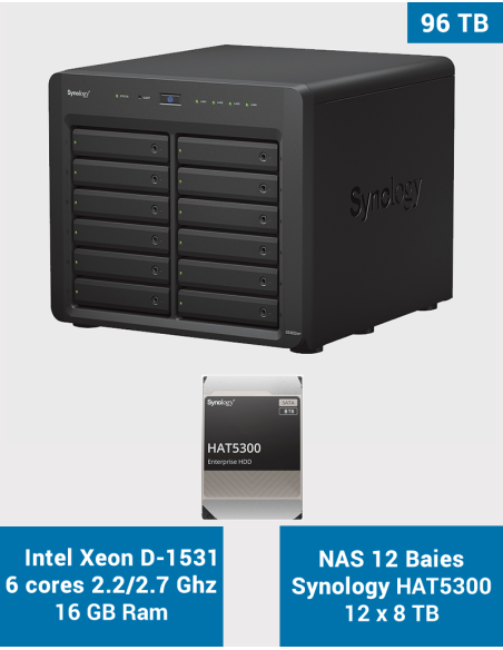 Synology DS3622xs+ 12-Bay NAS Server HAT5300 96TB (12x8TB)