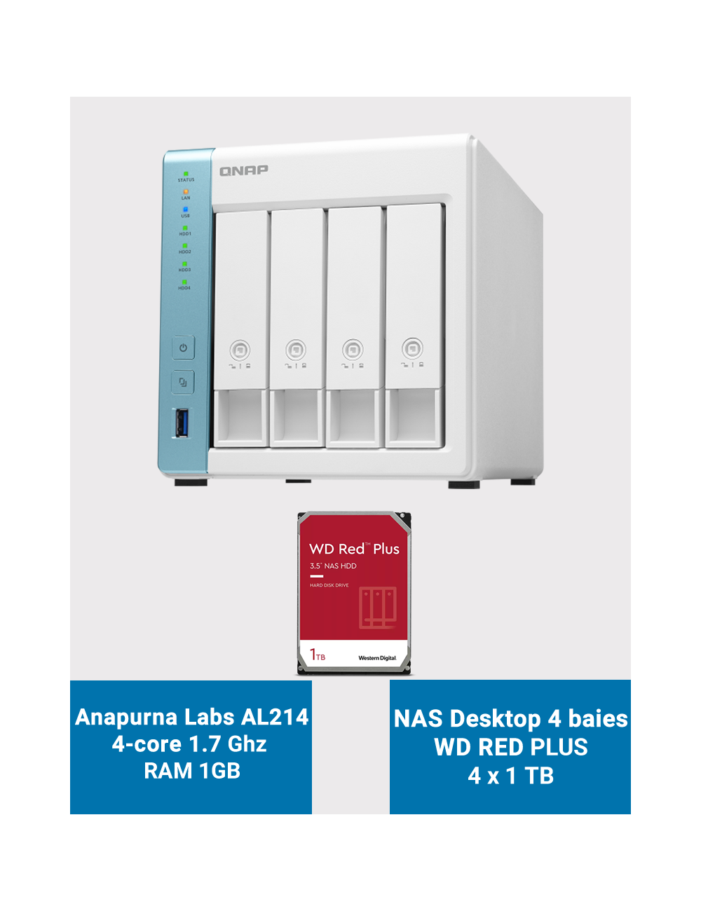 Qnap TS-431K Serveur NAS 4 baies WD RED PLUS 4To (4x1To)