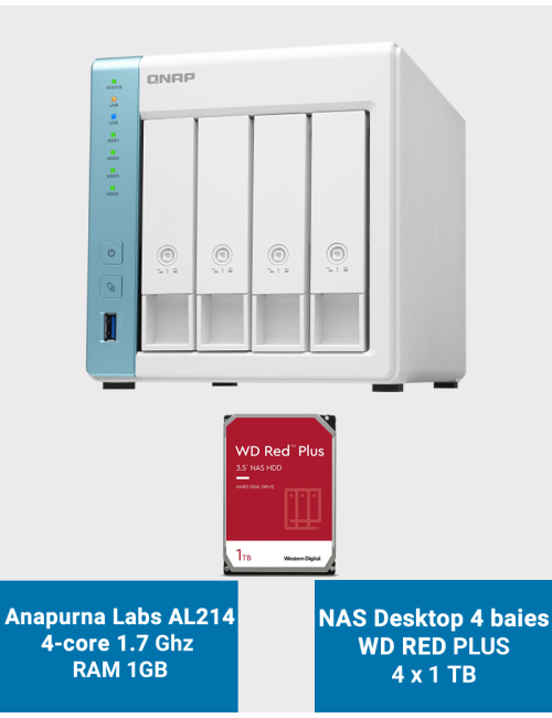Qnap TS-431K Serveur NAS 4 baies WD RED PLUS 4To (4x1To)