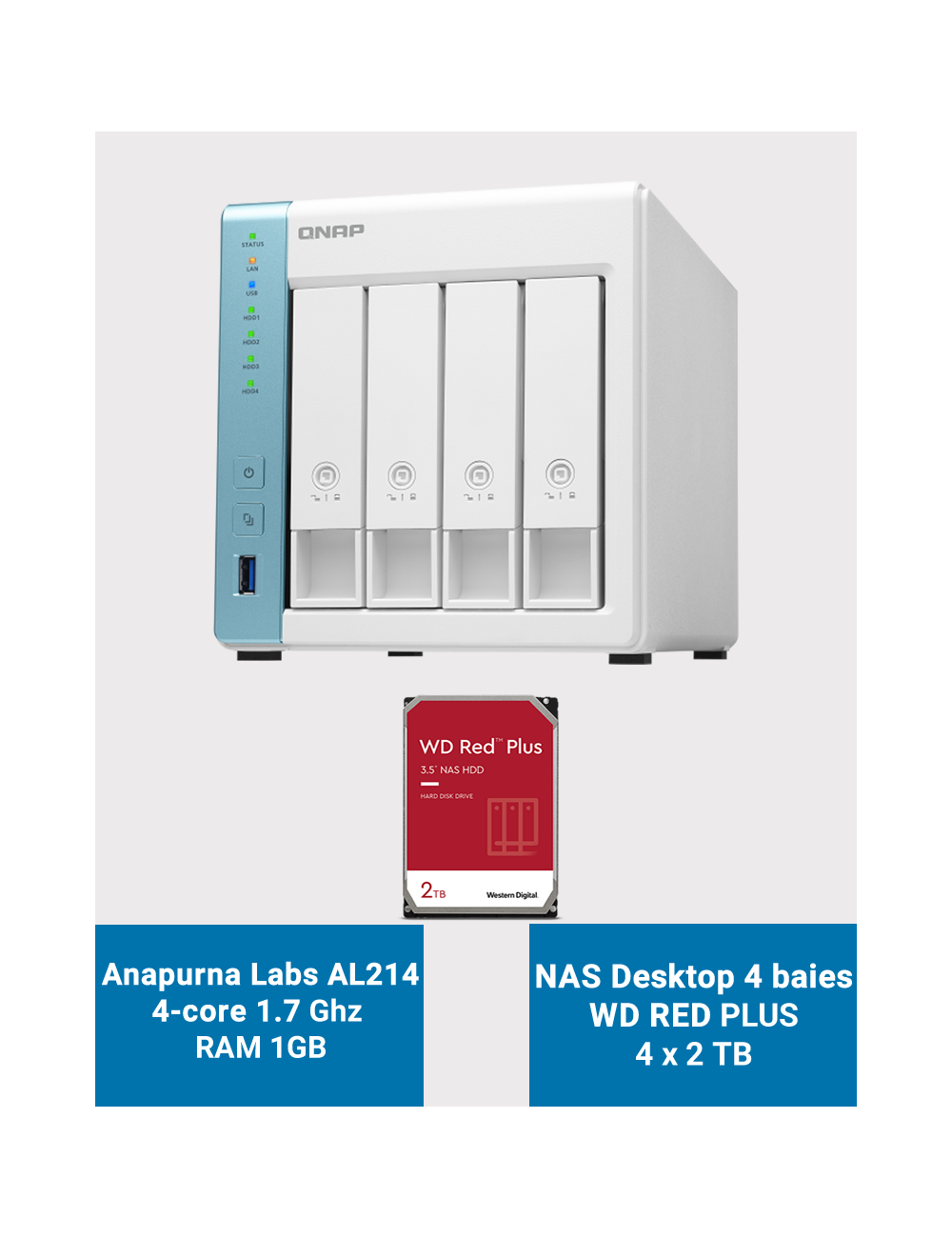 Qnap TS-431K Serveur NAS 4 baies WD RED PLUS 8To (4x2To)