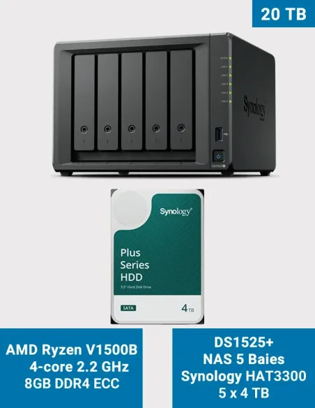 Synology DS1525+ NAS 5 baies 20 To avec 5 disques Synology HAT3300 4 To