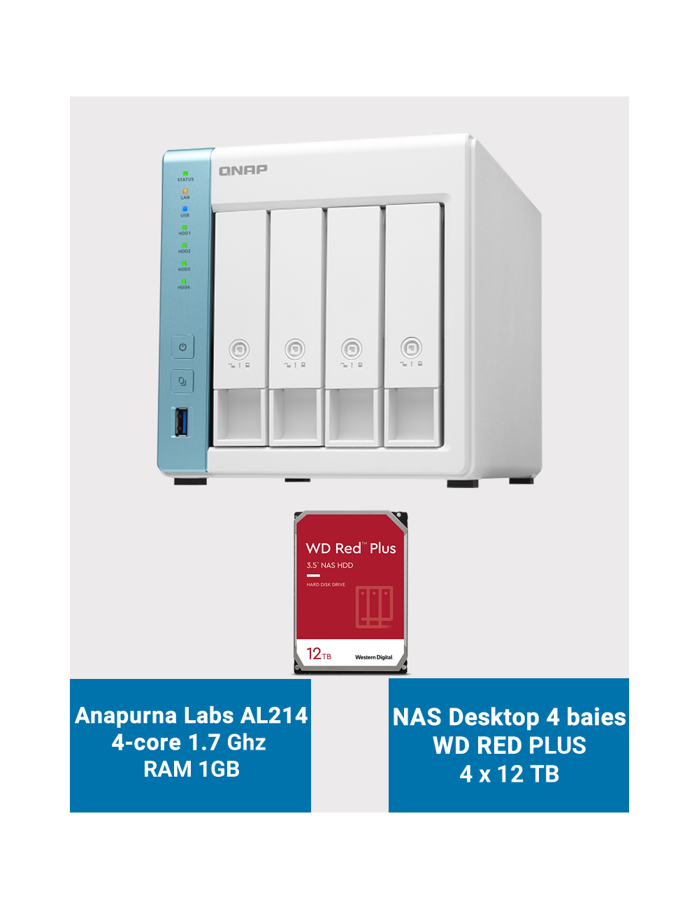 Qnap TS-431K Serveur NAS 4 baies WD RED PLUS 48To (4x12To)