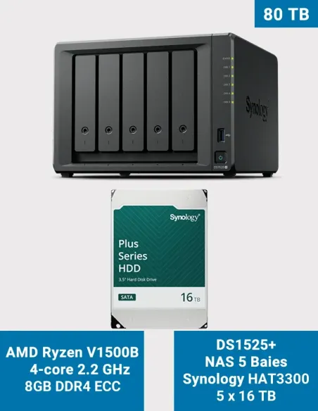 Synology DS1525+ 5-Bay NAS with 5× Synology HAT3300 16TB Drives (80 TB) Synology DS1525+ 5-Bay NAS with 5× Synology HAT3300 16TB Drives (80 TB)