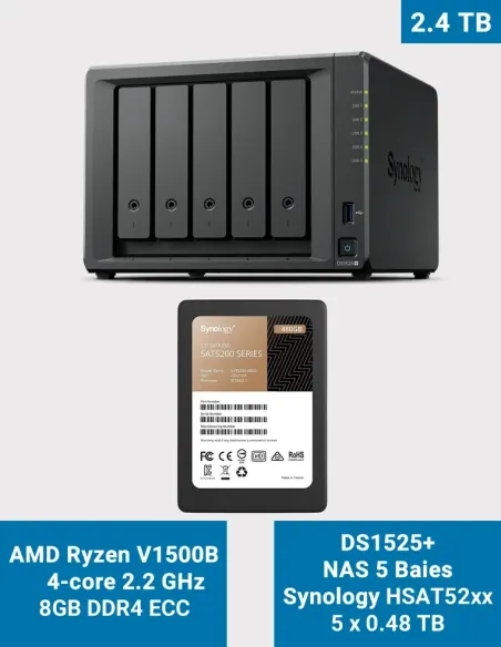Synology DS1525+ NAS 5 baies 2.4 To avec 5 disques Synology SAT5200 0.48To
