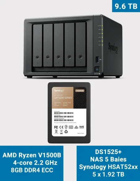 Synology DS1525+ NAS de 5 bahías 9.6TB con 5× SAT5200 de 1.92TB
