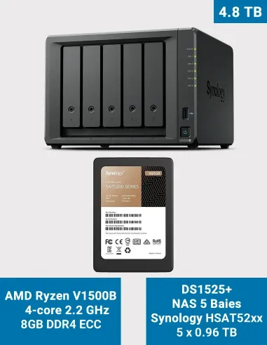 Synology DS1525+ NAS 5 baies 4.8 To avec 5 disques Synology SAT5200 0.96To
