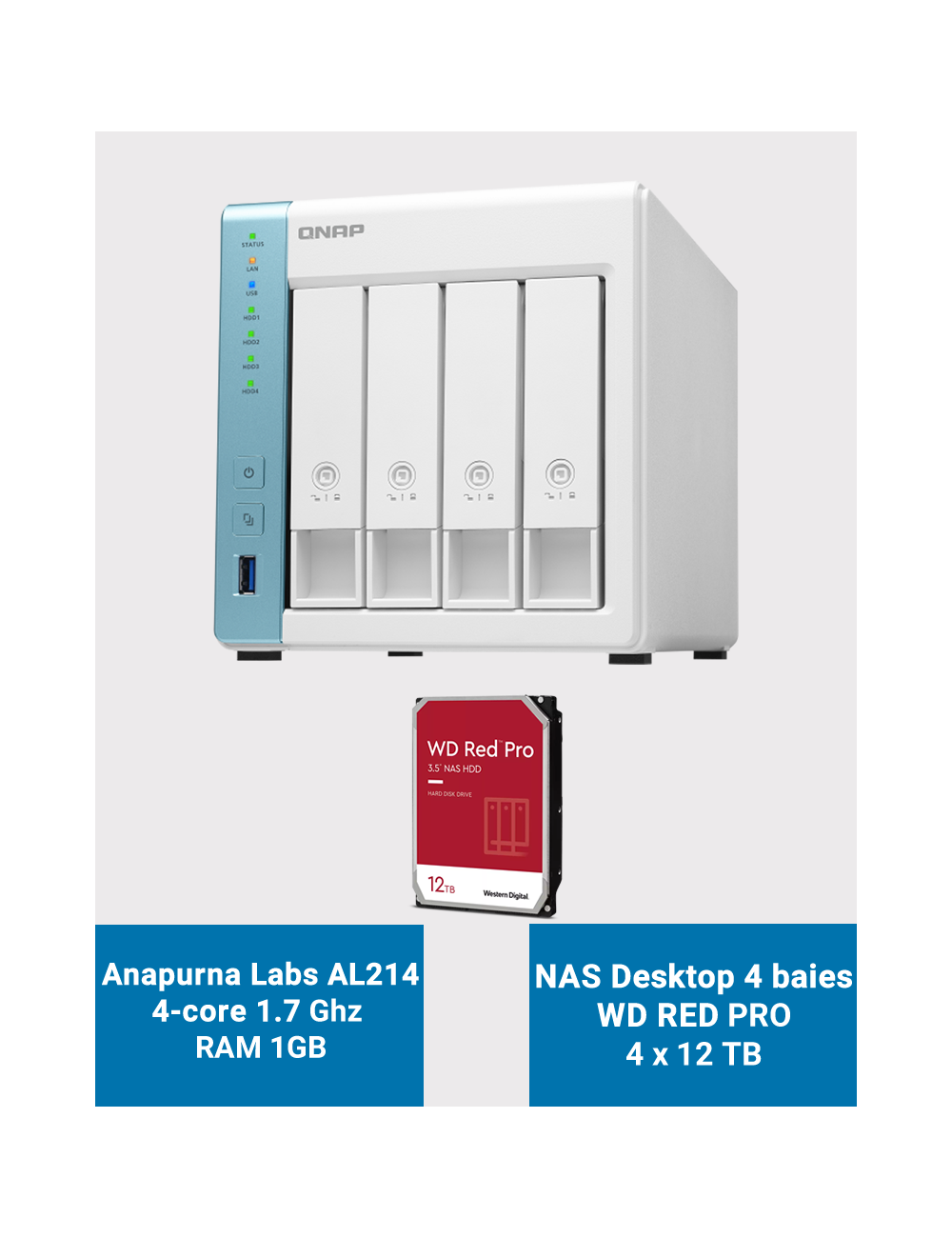 Qnap TS-431K Serveur NAS 4 baies WD RED PRO 48To (4x12To)