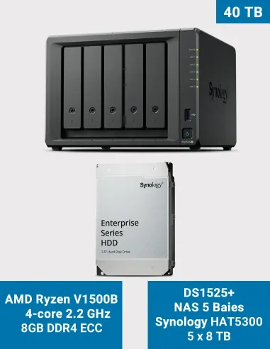 Synology DS1525+ 5-Bay NAS 20TB with 5× Synology HAT5300 8TB Drives