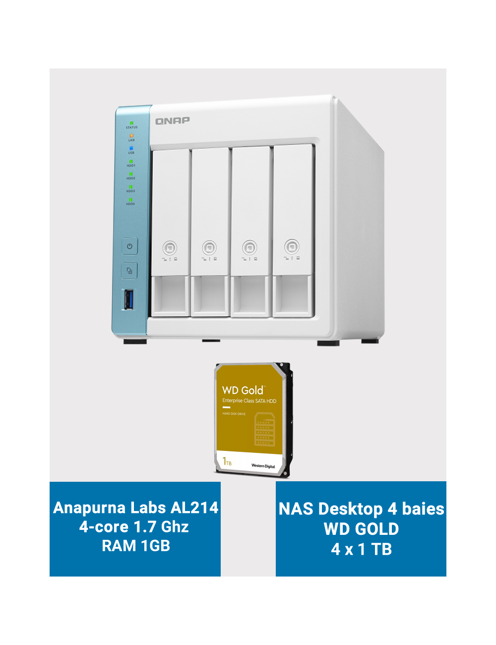 Qnap TS-431K Serveur NAS 4 baies WD GOLD 4To (4x1To)