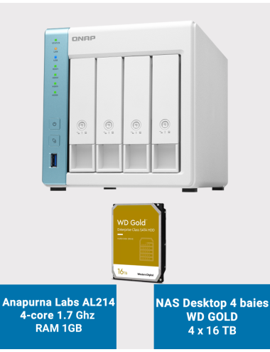 Qnap TS-431K Serveur NAS 4 baies WD GOLD 64To (4x16To)