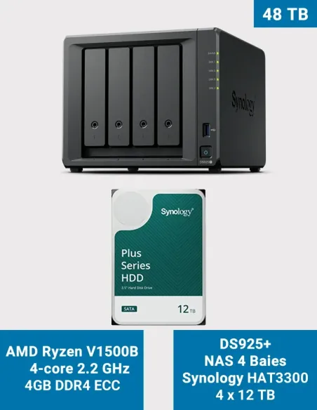 Synology DiskStation DS925+ NAS de 4 bahías 48 TB con 4× HAT3300 de 12 TB
