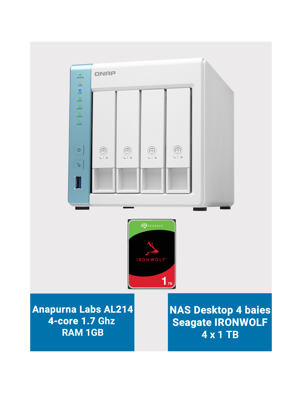 Qnap TS-431K Serveur NAS 4 baies Seagate Ironwolf 4To (4x1To)