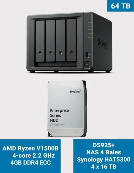 Synology DiskStation DS925+ NAS de 4 bahías 64 TB con 4× HAT5300 de 16 TB