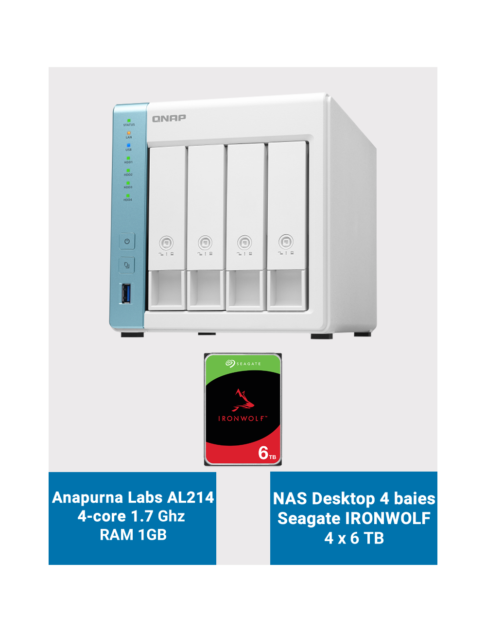 Qnap TS-431K Serveur NAS 4 baies Seagate Ironwolf 24To (4x6To)