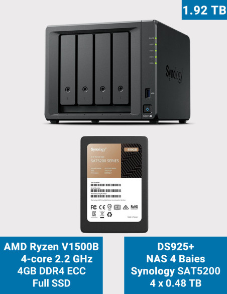 Synology DiskStation DS925+ NAS 4 baies 1.92 To avec 4 disques SSD Synology SAT5200 0.48 To