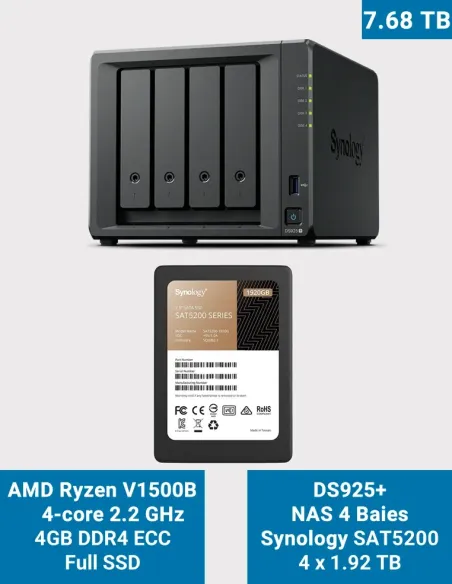 Synology DiskStation DS925+ NAS 4 baies 7.68 To avec 4 disques SSD Synology SAT5200 1.92 To