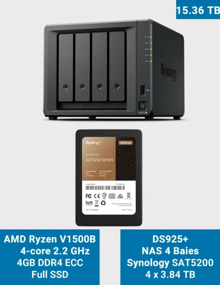 Synology DiskStation DS925+ NAS de 4 bahías 15.36 TB con 4× SAT5200 de 3.84 TB