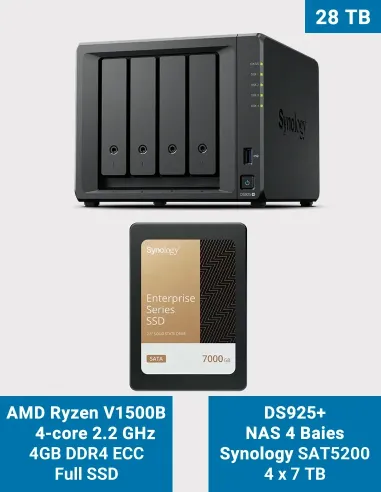 Synology DiskStation DS925+ 4-Bay NAS 28 TB with 4× Synology SAT5200 7TB Drives