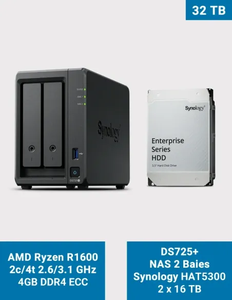 Synology DS725+ NAS 2 baies avec 2× 16 To HAT5300 – 32 To