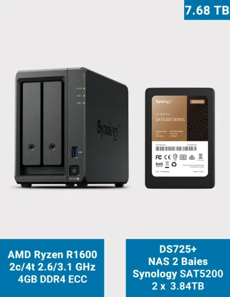 Synology DS725+ avec 2×3840 Go SSD SAT5200 – NAS 7,68 To