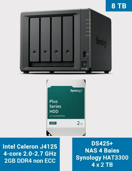 Synology DS425+ – NAS 4 baies avec 8 To (4× HAT3300 2 To)