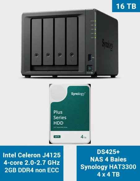 Synology DS425+ – NAS de 4 bahías con 16 TB (4× HAT3300 4 TB)