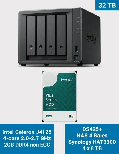 Synology DS425+ – NAS de 4 bahías con 32 TB (4× HAT3300 8 TB)