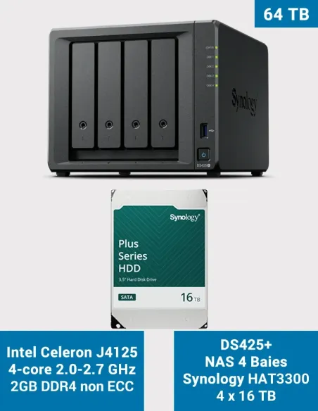 Synology DS425+ – NAS de 4 bahías con 64 TB (4× HAT3300 16 TB)