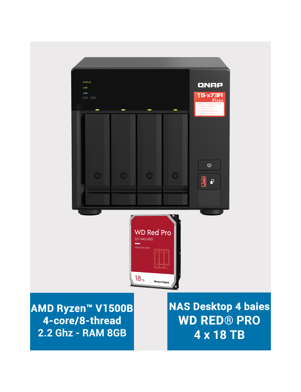 Qnap TS-473A 8GB Serveur NAS 4 baies WD RED PRO 72To (4x18To)