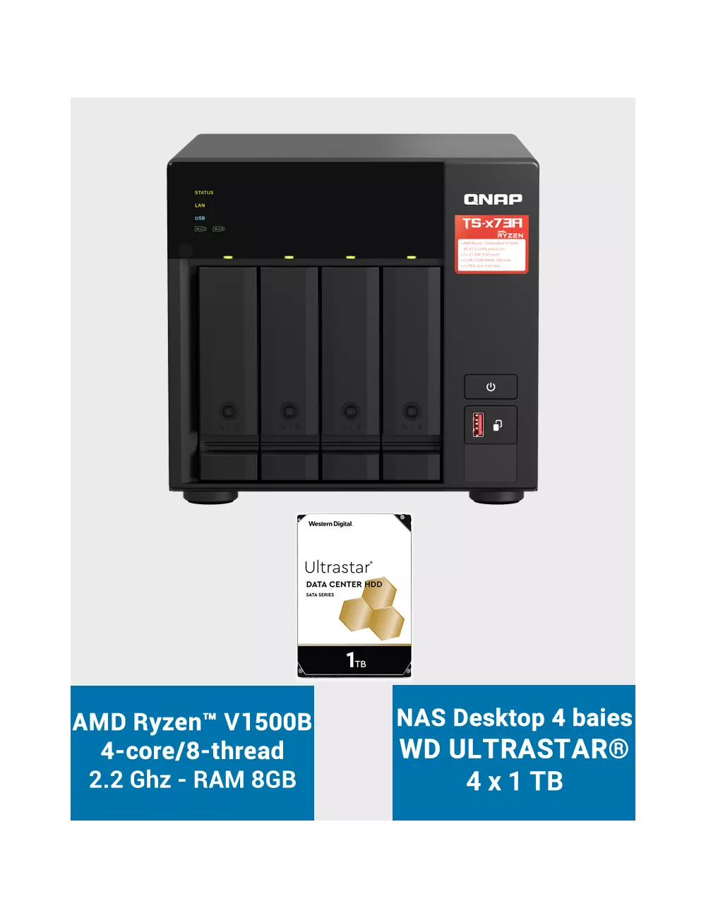 Qnap TS-473A 8GB Serveur NAS 4 baies WD ULTRASTAR 4To (4x1To)