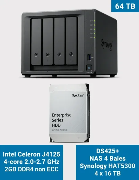 Synology DS425+ NAS – 4 baies avec 4× HAT5300 16 To (64 To)