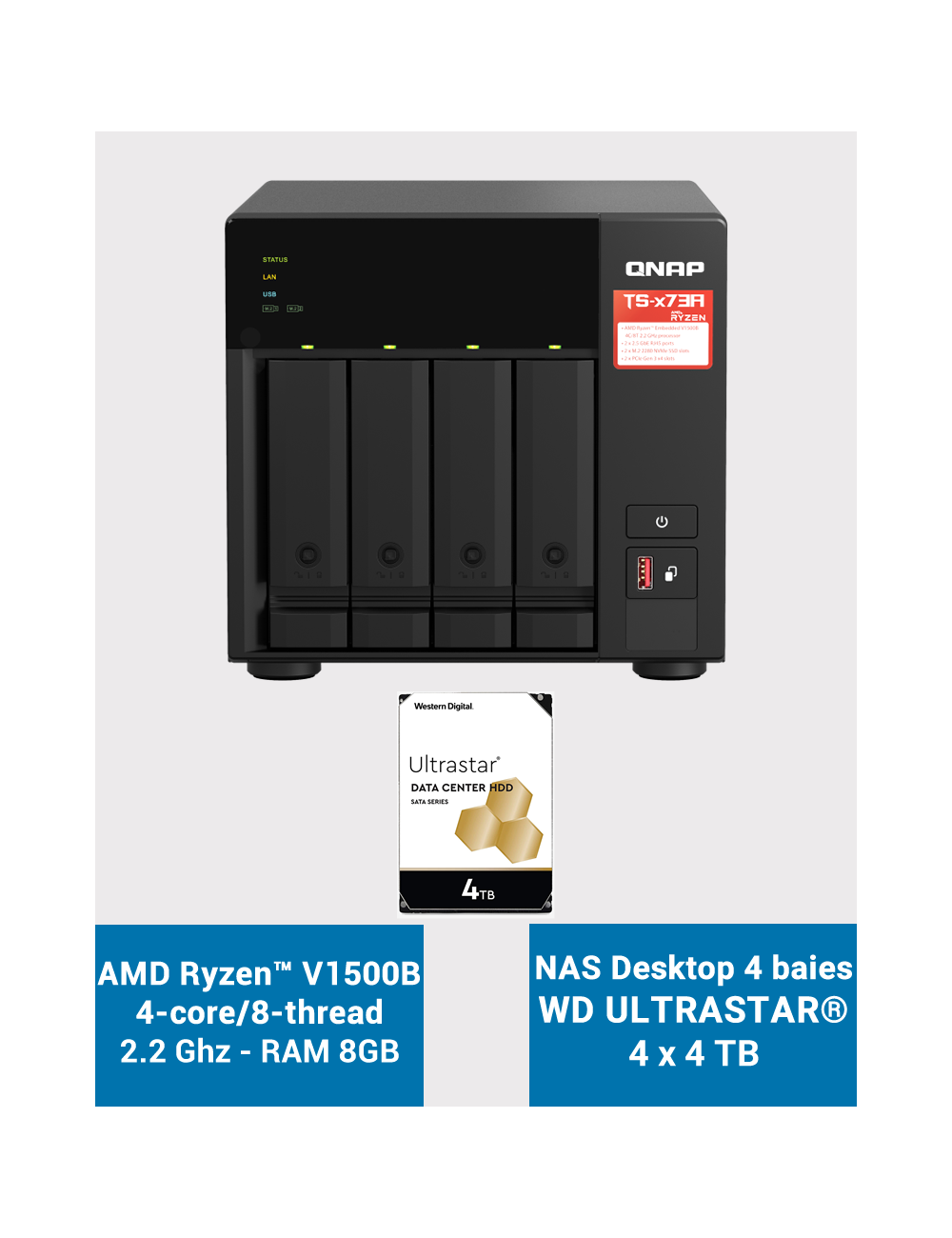 Qnap TS-473A 8GB Servidor NAS 4 bahías WD ULTRASTAR 16TB (4x4TB)