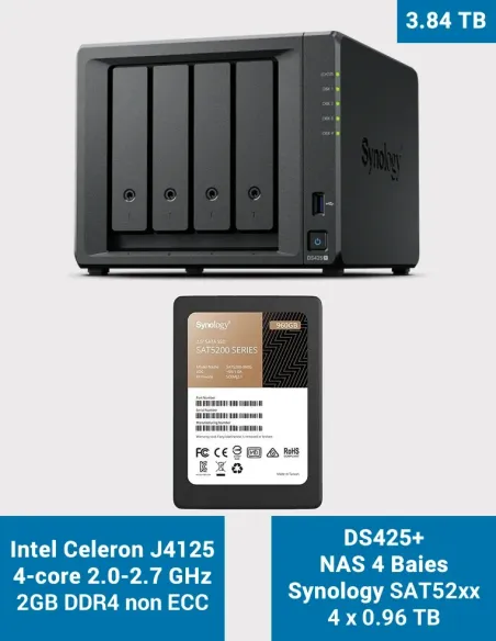 Synology DS425+ NAS – 4 baies avec 4× SAT5210 960 Go (3,84 To)