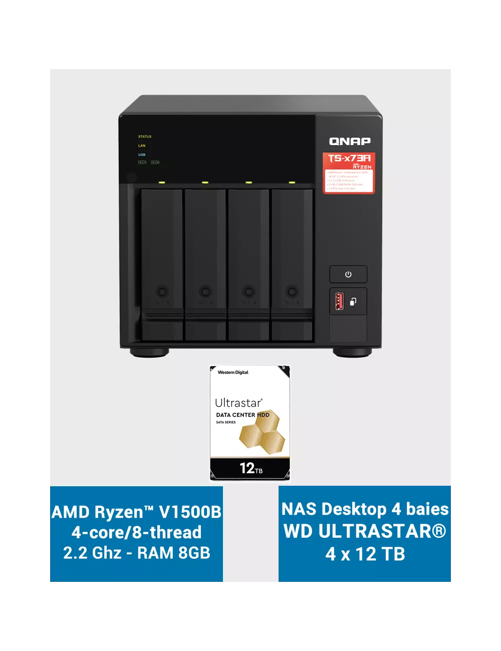 Qnap TS-473A 8GB Serveur NAS 4 baies WD ULTRASTAR 48To (4x12To)