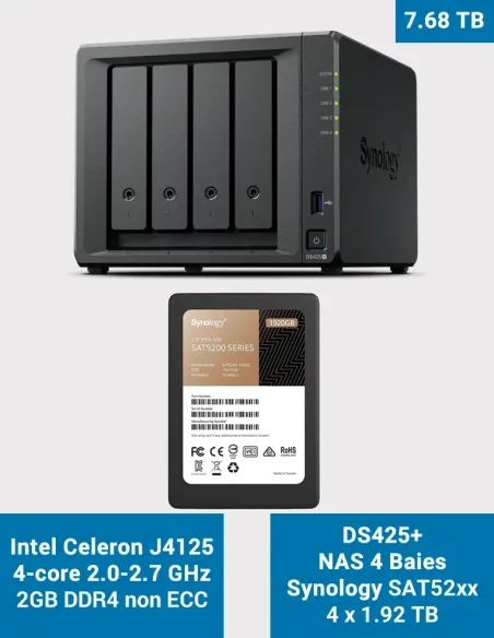 Synology DS425+ NAS – 4 bays with 4× SAT5210 1.92 TB (7.68 TB)