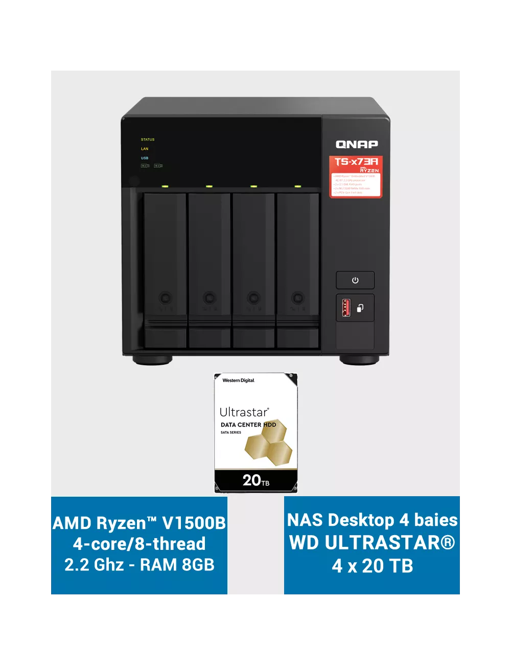 Qnap TS-473A 8GB Serveur NAS 4 baies WD ULTRASTAR 80To (4x20To)