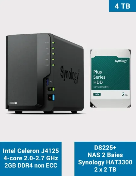 Synology DS225+ NAS 2 bahías con 2× HAT3300 2 TB (4 TB)