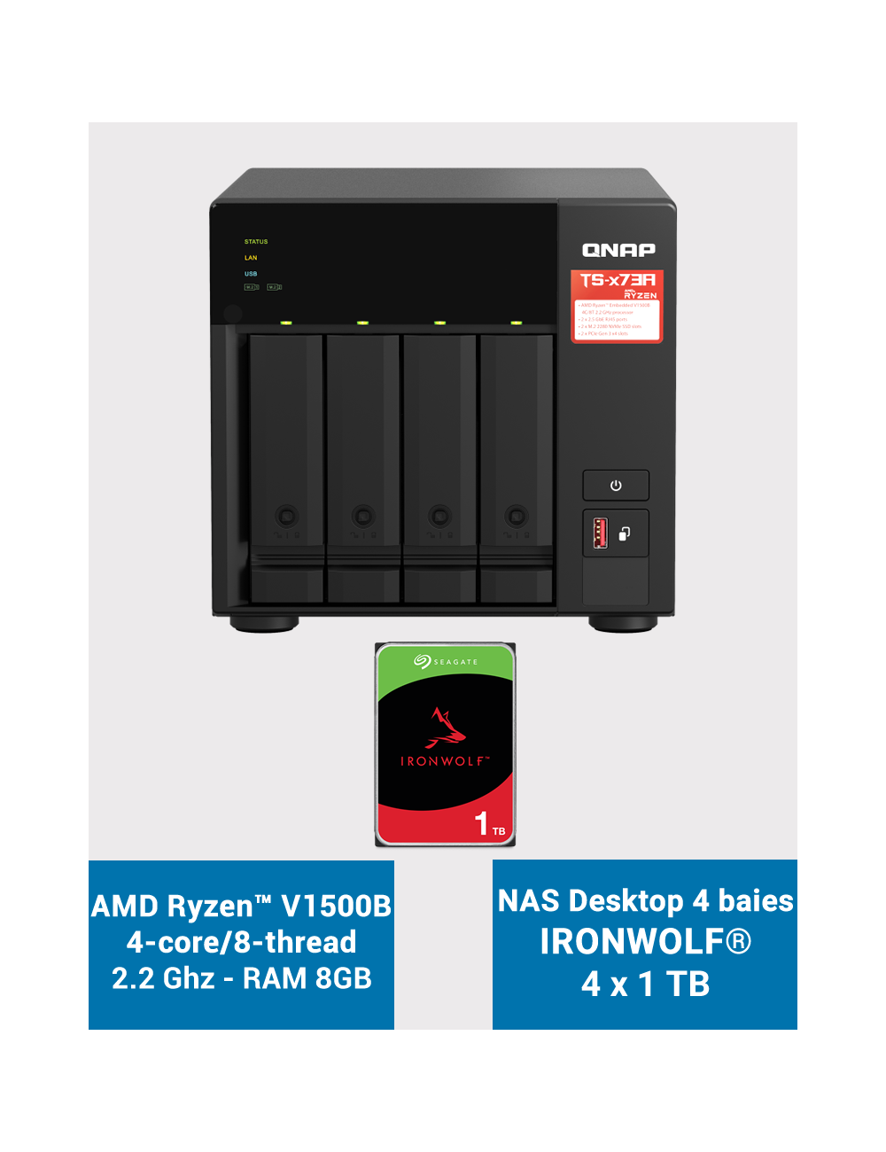 Qnap TS-473A 8GB Serveur NAS 4 baies IRONWOLF 4To (4x1To)